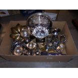 A box of plated metal ware trophys etc