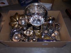 A box of plated metal ware trophys etc