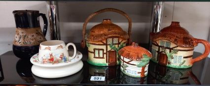 A Burlington ware teapot, biscuit barrel, lidded pot plus 2 Bunnykins Peter Rabbit items and a