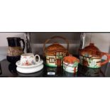 A Burlington ware teapot, biscuit barrel, lidded pot plus 2 Bunnykins Peter Rabbit items and a