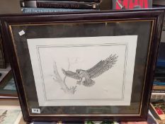 A black and white print of an owl in flight by C Varley 58cm x 48cm