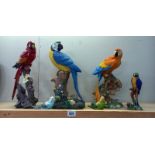 3 fabulous parrot figures plus small one which is a/f and 2 budgies