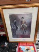 A gilt framed print of people on horses in the dark