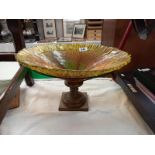 A large art glass bowl in brass and iron stand, diameter 39cm x height 23cm