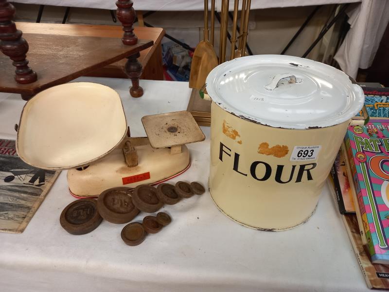 A vintage enamel flour bin & Harper kitchen scales