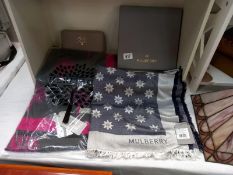 A new boxed Mulberry monogram scarf, a new with tags Heritage scarf and a new purse all decorated
