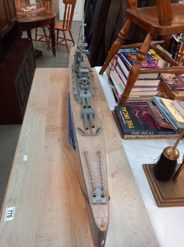 A large solid wooden scratch built model of a battleship Length 113cm collect only - Image 2 of 3