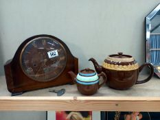 A Smiths Enfield mantle clock and key and 2 teapots including Sadler