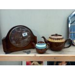 A Smiths Enfield mantle clock and key and 2 teapots including Sadler