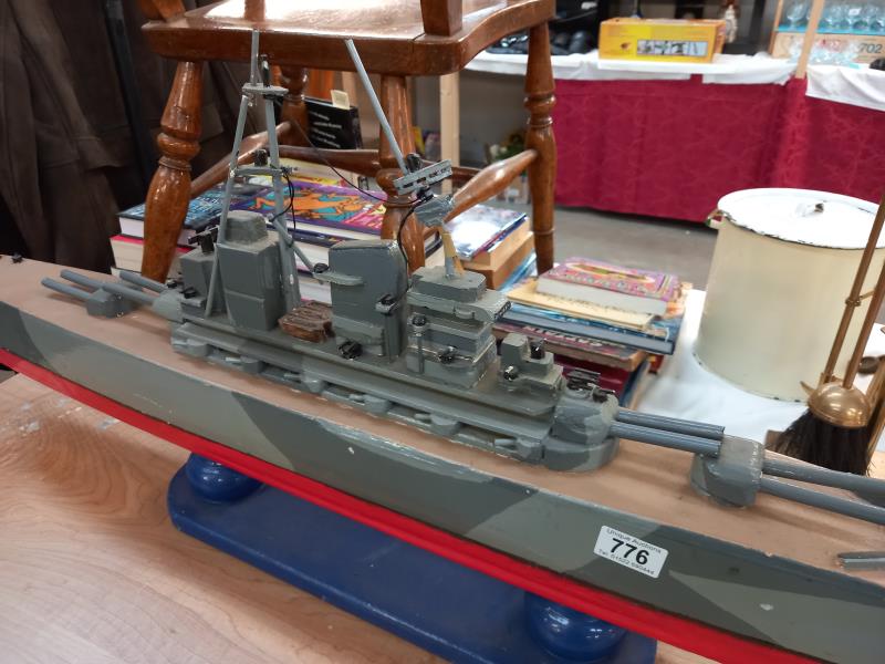 A large solid wooden scratch built model of a battleship Length 113cm collect only - Image 3 of 3