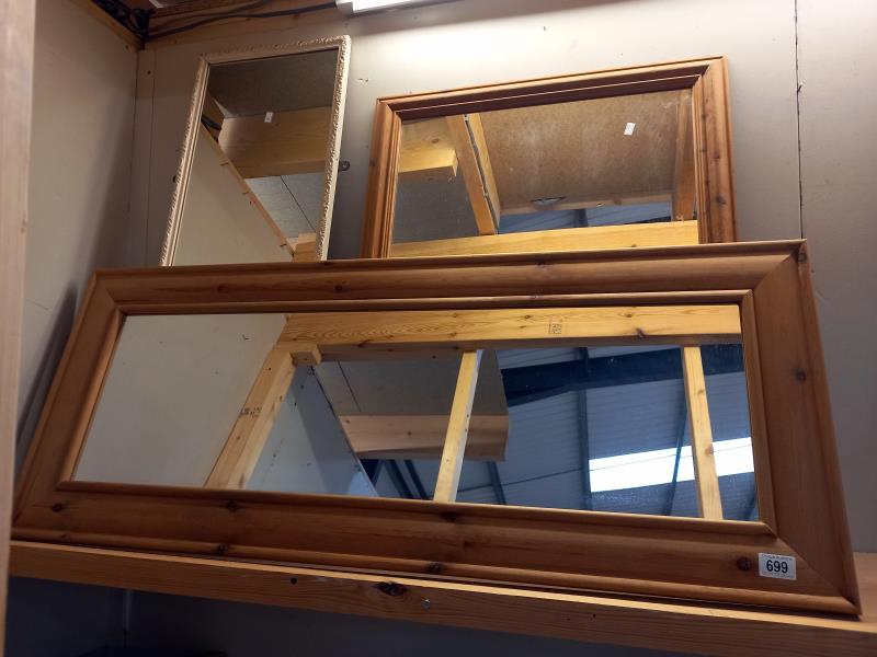 2 pine framed mirrors and 1 other