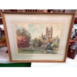 A framed and glazed signed print of a watercolour Cathedral scene. 80cm x 66cm. Collect Only.