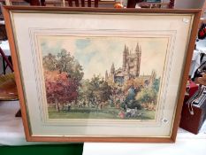 A framed and glazed signed print of a watercolour Cathedral scene. 80cm x 66cm. Collect Only.