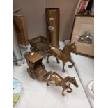 A brass horse and cart, carriage and horse and piece of trench art