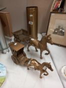 A brass horse and cart, carriage and horse and piece of trench art