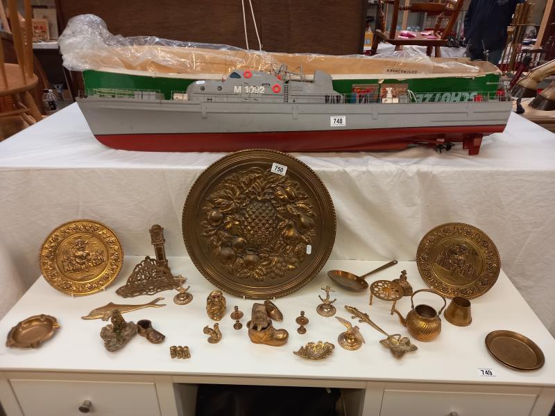 A good selection of brass items including Lincoln plaque etc