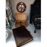 An early 20c late 19c photo album with photos, old pine box, ink stand and barometer