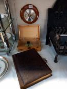 An early 20c late 19c photo album with photos, old pine box, ink stand and barometer