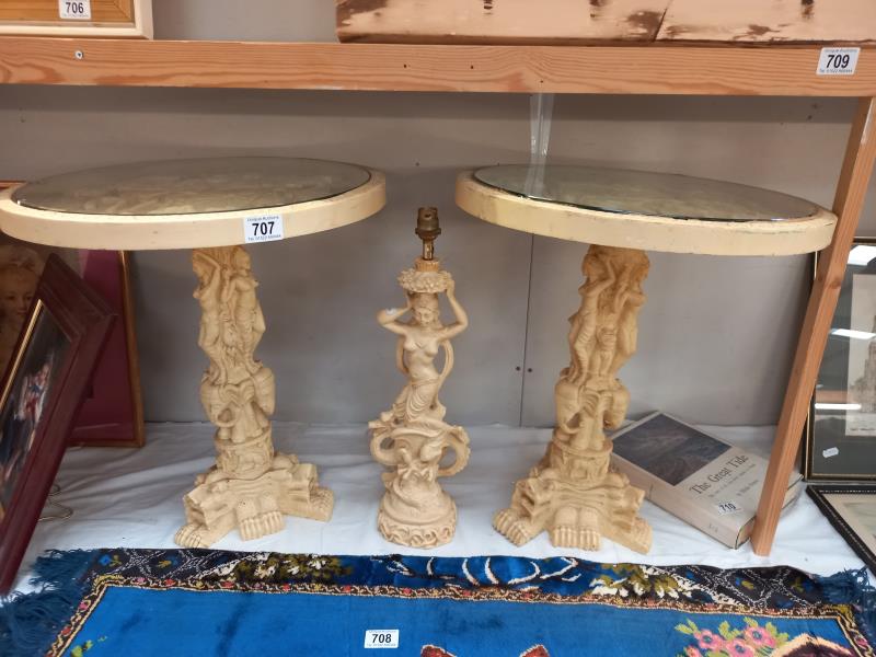 A pair of classical style resin tables with glass tops (1 glass chipped) and similar style lamp.