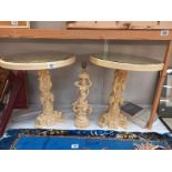 A pair of classical style resin tables with glass tops (1 glass chipped) and similar style lamp.