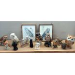 A collection of owl figures including Poole, Beswick one is a/f, plus 2 pictures and 2 other birds