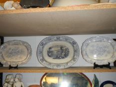 Three old blue and white meat platters. COLLECT ONLY.