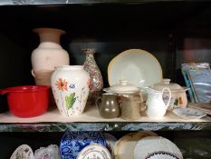 A shelf of vases, jugs & a vintage mixing bowl