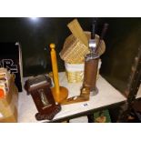 A quantity of wood & wicker items, Companion set, a barometer A/F barometer & baskets etc.