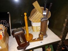 A quantity of wood & wicker items, Companion set, a barometer A/F barometer & baskets etc.
