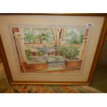 A framed and glazed watercolour garden veranda scene signed Richard Dearman, COLLECT ONLY.