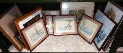 A shelf of pictures including 4 funny fishing prints