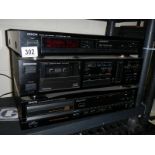 A Denon stereotuner CD player and a Kenwood cassette player.