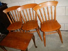 Three pine kitchen chairs and a side table. COLLECT ONLY.