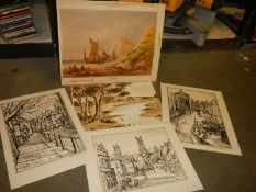 An unframed watercolour signed W Charles '75 and other unframed pictures.