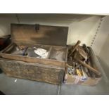 A box of tools & tins of bolts & nuts & a large wooden tool box & contents