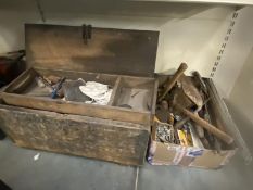 A box of tools & tins of bolts & nuts & a large wooden tool box & contents