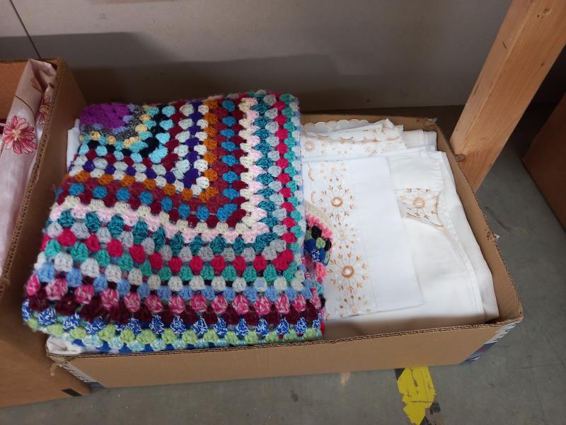 2 boxes of sheets, single duvet cover, crocheted blanket etc - Image 4 of 4