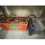 A metal tool box of assorted tools, corded electric drill & large box of miscellaneous tools