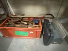 A metal tool box of assorted tools, corded electric drill & large box of miscellaneous tools