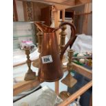 Victorian brass candlesticks, a smaller pair & a copper jug