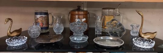 Miscellaneous glass including hummingbird paperweight, oak biscuit barrel etc
