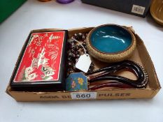 A vintage clossoinie bowl, beaded necklace, Chinese bakelite box & pair of hair slides
