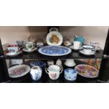 2 shelves of miscellaneous china including blue willow cups and saucers etc