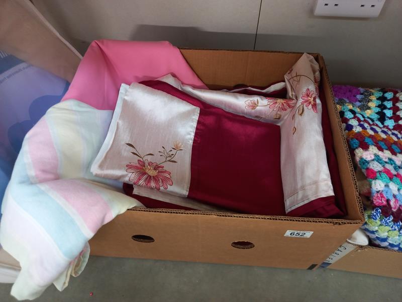 2 boxes of sheets, single duvet cover, crocheted blanket etc - Image 3 of 4