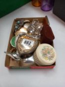 A tray of miscellaneous including glass knife rests, trinkets boxes & powder compacts etc.