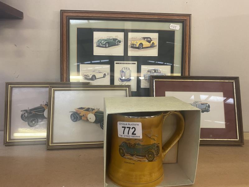A Wade 1914 Sunbeam tankard & Triumph TR sports cars, collectors cards & 3 others