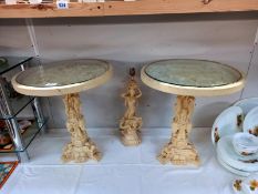 A pair of classical style resin tables with glass tops (1 glass chipped) and similar style lamp.