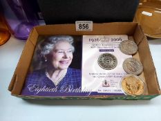 4 x Â£5 coins, 2 sealed 1926 - 2006 Queens 80th birthday & 2 x 2003 Coronation & gold plated