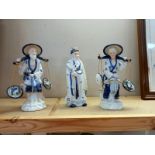 3 blue and white China men figures