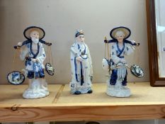 3 blue and white China men figures
